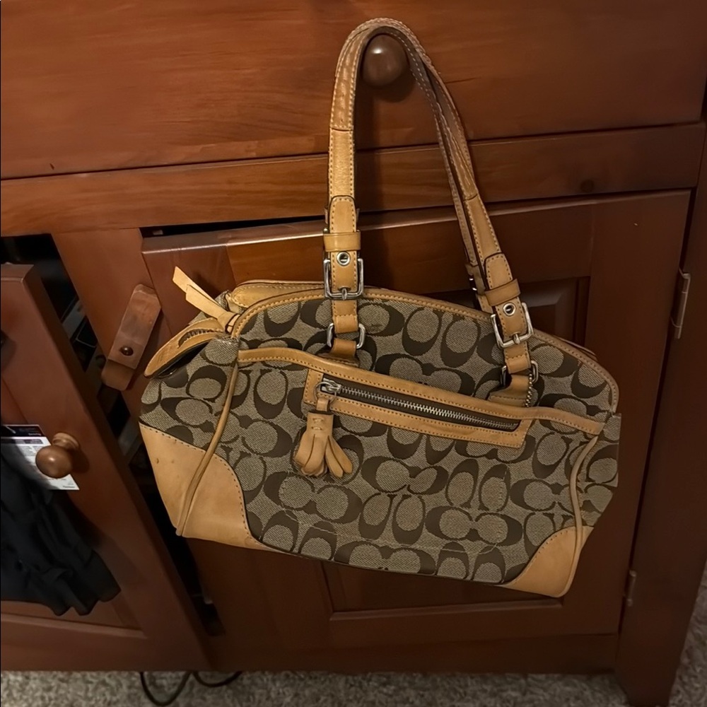 Coach Brown and Tan Shoulder Bag with Signature Monogram